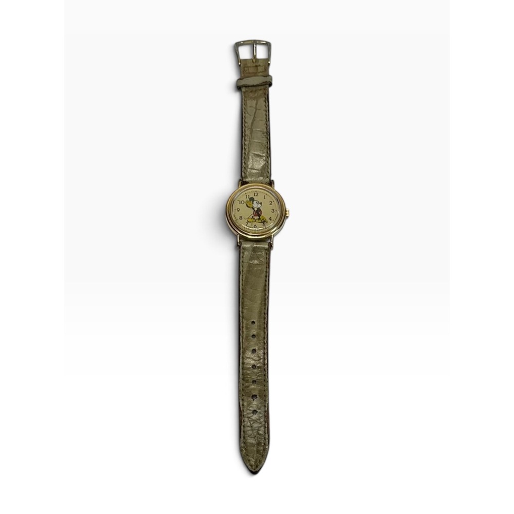 Lorus Mickey Mouse Watch Gold Tone Y481-1190 Beige Leather Works!